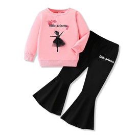 Vitalique Toddler Kid Girl Outftis Clothes 3 4 T Sweatshirt Flared Pants Little Princess Fall Winter Pink Girls Clothing Sets (3-4T)