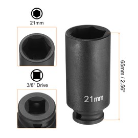 HARFINGTON 2pcs Deep Impact Socket 3/8" Square Drive by 21mm Metric 6 Point Socket 65mm (2.56") Long CR-MO Steel Industrial Grade Flip Socket for Home Auto Hex Nuts Bolts Repair, Black