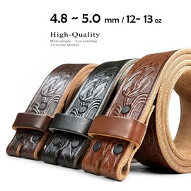 BS230 Heavy-Duty Strap Genuine Full Grain Western Floral Engraved Tooled Leather Belt Strap 1-1/2"(38mm) Wide (Black, 34)