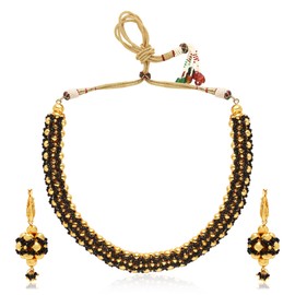 I Jewels Womens 18K Gold Plated Indian Wedding Bollywood Moti Beads Thushi Choker Necklace Jewelry Set (Mc085B) Black
