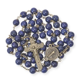 Nazareth Store Antique Bronze Rosary Necklace with Genuine 8mm lapis Lazuli Stone Beads with St. Benedict Cross and Medal