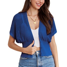 Summer Cardigan for Women Lightweight Short Sleeve Sweater Top Hollow Out Shrug Sweaters (Blue,XL)