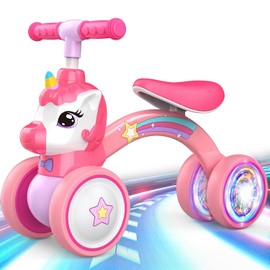 Unicornio Baby Balance Bike Ride on Juguetes para Niños de 1 a 2 Años, Bicicleta Pequeña, Regalos de Cumpleaños para Niñas de 1 a 2 Años, Ruedas Silenciosas de Iluminación Colorida, Sin Pedal, Seguro