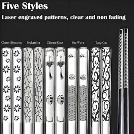 Stainless Steel Chopsticks 5 Pairs Metal Chopsticks Reusable Dishwasher Safe Square Lightweight Non-Slip Chop Sticks (Silver)