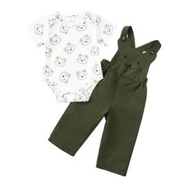 SUNNY PIGGY Baby Boy Clothes Newborn Outfits Short Sleeve Bear Print Romper Adjustable Suspender Overalls Jumpsuit Green-3-6M