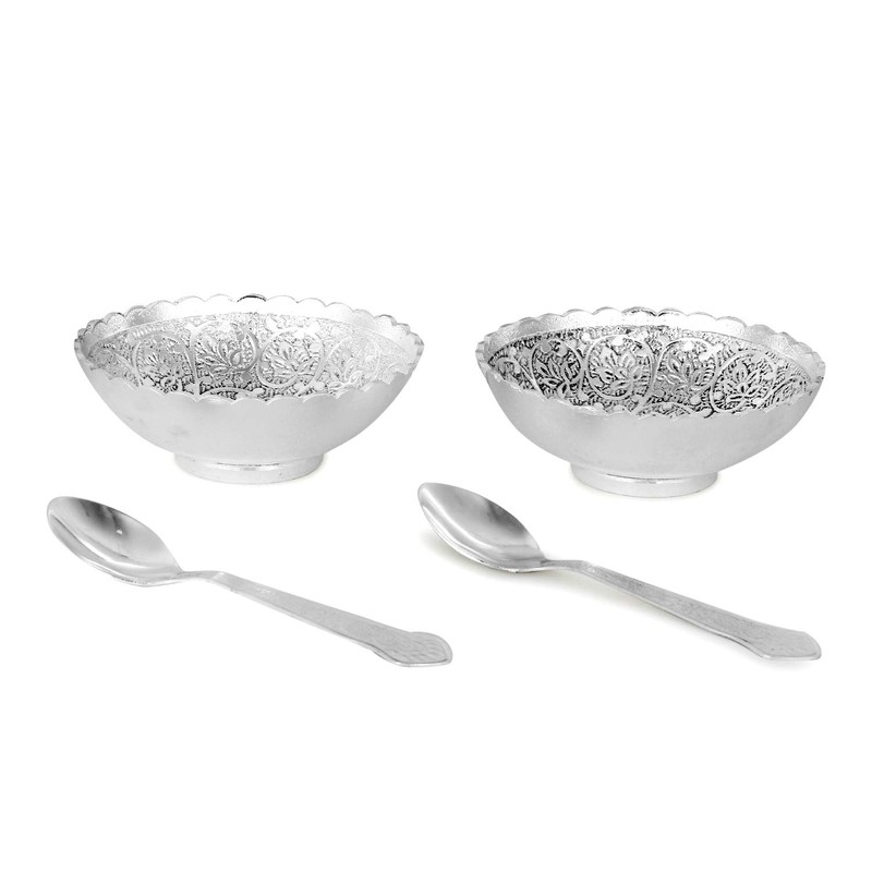 Zap Impex Engraved Silver Brass Bowl Tray and Spoon Set