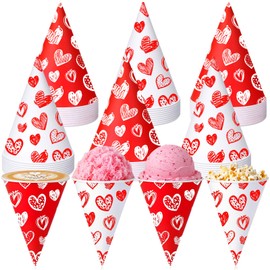 Honeydak 100 Pcs Snow Cone Cups 6 oz Disposable Paper Cone Cups, Red and White Patterned Shaved Ice Cup for Slushies, Ice Cream, Dessert Stations, Backyard Parties and Carnival Supplies