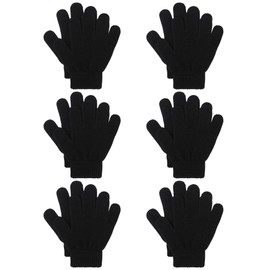 Cooraby 6 Pairs Kids Knitted Magic Gloves Teens Warm Winter Stretchy Full Fingers Gloves (Black, 12-16 Years)