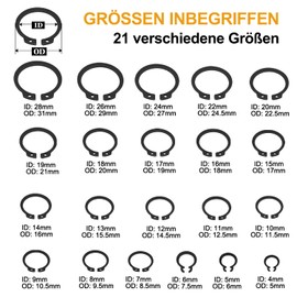 VIGRUE 500-Piece Snap Ring Assortment Circlip Set 21 Size Carbon Steel E-Clip External Retaining Ring External C-Clips Split Buckles Inner Seager Ring Washers, M4-M28 with Plastic Box