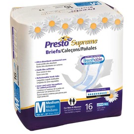 Presto Ultimate Incontinence Briefs with Tabs, Medium (32"- 44" Waist) – Unisex Adult Diapers - MoistureLock Dual Core & OdorSecure Technology for Comfort & Protection – White, 16 Count (Pack of 1)
