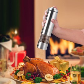 DDBESSIC Electric Salt and Pepper Grinder Set with Stand, Battery Operated Salt and Pepper Grinder Set with Light, Adjustable Coarseness Stainless Steel Pepper Mills for Pepper, Raw Salt