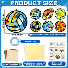 QOUBAI 36 Pcs Sports Suncatchers Crafts for Kids Outdoors Sports Window Tissue Paper Craft Kit Colorful Window Suncatchers Art Kit Supplies for School Home Activity Project Birthday Party Favor Décor