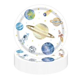 HiEnjoin 50PCS Planet-Themed Party Plates, Disposable Outer Space Birthday Decorations - First Trip Around the Sun Birthday Party Supplies Solar System Theme Plates for Boys Girls Baby Shower