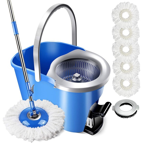 MASTERTOP Spin Mop and Bucket with Wringer Set, Foot Pedal, 360°Rotation, 5 Microfiber Mop Pads, 1 Brush Head, Hardwood Floor Cleaning System