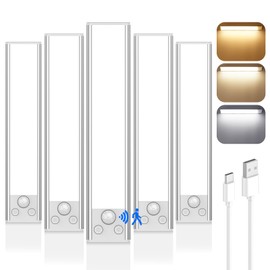 5-Pack Under Cabinet Lighting, 68LED 2000mAh Rechargeable Battery Operated Motion Sensor Light Indoor, 3 Color Wireless Dimmable Closet Lights, Magnetic Under-Counter Light Fixtures for Kitchen, Home