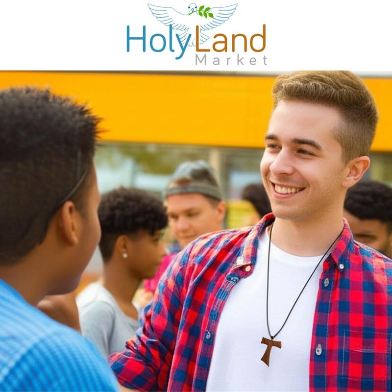 Holy Land Market Hand-Carved Olive Wood Tau Cross Necklace from