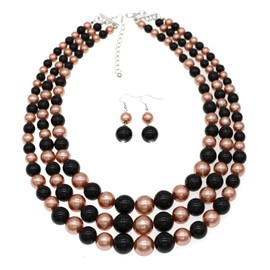 Utop Faux Big Pearl Necklace for Women Multi Strand Pearl Necklace and Earrings Set 3 Layers Pearl Necklaces 1920s Pearl Costume Jewelry Set (3 Strands Pearl Necklace brown black)