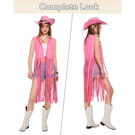Ginkago Ginkago Hippie Kostüm Set Cowgirl Western Outfit mit Fransenweste Weste Hippie Ohrringe Brille Armband Halskette Mode 60er 70er jahre bekleidung für karneval Mottoparty (Rosa, L)