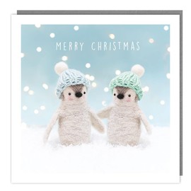 Tracks Publishing Charity Christmas Cards - Fluffy Penguins in Hats with Flittered Snow - Eco-Friendly - Pack of 5 Cards