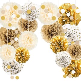 TREABEAR 18 Pieces Decorative Boho Style Outdoor Tissue Paper Pompoms Decoration Beige Spring Decoration Paper Pompoms Tissue Paper White Gold Decoration Communion Table Decoration Streamers Gold