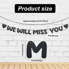 We Will Miss You Banner, Pre-Strung No DIY Glitter Bunting Banner Going Away Party Decorations for Office Work Farewell Goodbye Retirement Graduation Party Decorations Supplies (Black)
