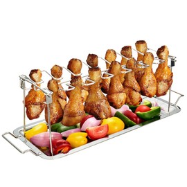 G.a HOMEFAVOR 14-Slot Chicken Leg Rack for Grill & Wings - Premium Stainless Steel Foldable Roasting Rack with Detachable Drip Pan, Dishwasher-Safe BBQ Accessories for Oven, Grill, Camping, Parties