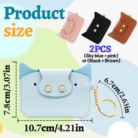 AfitLulu 2 Pack Credit Card Holder Wallet with Metal Keychain, Creative Bus Pass Holder Cute Credit Card Wallet PU Leather Bank Card Holder Card Sorting Wallet (Blue+Pink)