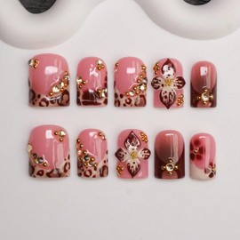 Handmade Short Square Press on Nails, Nude Pink Brown Gradient Fake Nails with Leopard Print, 3D Floral & Gold Rhinestone Charms, Glossy Reusable Full Cover False Nails for Women Daily Party(M)