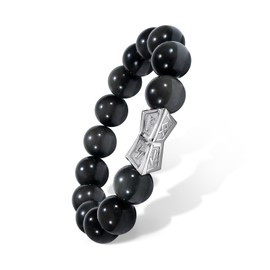 AWNL® Men's Beaded Bracelet with Sterling Silver Engraved Runes Charm 12mm Obsidian Natural Gemstone Gift for Men, 6.1''-6.5''