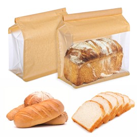 100 Pcs Heavy Duty Large Kraft Paper Bread Bags with Tin Tie Tab Lock, Loaf Bag with Clear Front Window, Storage Packaging Treat Bag for Bakery Cafe Homemade Bread 11.2” × 4.3” × 8.7”
