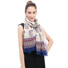 Lina & Lily Elephant Boho Print Women's Scarf Shawl Wrap Lightweight (Beige & Blue)