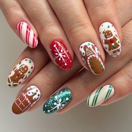 Christmas Press on Nails Medium Length Fake Nails Oval False Nails with Snowflake Gingerbread Man Lines Designs Cute Glue on Nails Red and Green Glitter Acrylic Nails Stick on Nails for Women Girls
