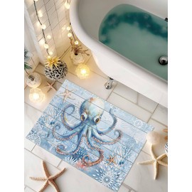 LEQIOLENNG Welcome Doormat, Nautical Sea Octopus Coral Non-Slip Front Door Mat Absorbent Bath Mats, Retro Blue Wood Grain Kitchen Rug Entrance Rugs for Bathroom Bedroom 16x24in