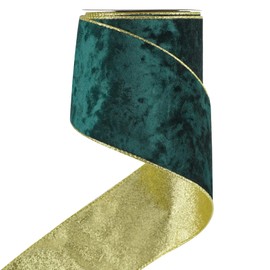 HUIHUANG Green Velvet Wired Ribbon 4 inch Dark Green Velvet Ribbon with Glitter Gold Christmas Ribbon for Christmas Tree Decorations, Wreaths, Garlands, Large Bows, Home Decor- Continuous 10 Yards