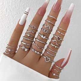 Hremhoo Gold Knuckle Rings Set for Women Boho Stackable Finger Rings Pack Simple Stacking Layering on Thumb and Knuckle Midi Finger Rings Jewelry (28 Pcs Set - Silver)
