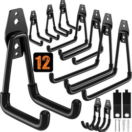QcoQce 12-Pack Heavy-Duty Garage Storage Hooks with Extension Cord Straps, Wall Mount Tool Organizers for Bikes, Ladders, and Garden Equipment - Color: Black, Size: 12