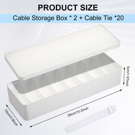 Tatuo 2 Pcs Cable Organizer Box with Wire Ties, Plastic Cord Storage Box with Lid, Electronics Organizer for Home Office Desk Organizers and Accessories (White)