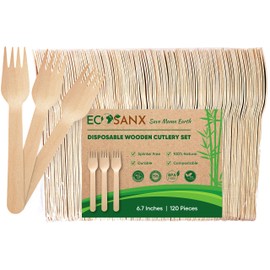 120 PCs Wooden forks set | 6.5" Splinter Free Compostable Forks, Biodegradable, Eco-Friendly | 100% All - Natural Bamboo Utensils for Outdoor, Party & More - Disposable Bamboo forks