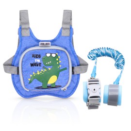 Children's Reins, Baby Reins for Walking Harness 1-5 Years, Toddler Backpack with Reins Lock Reflective and Anti Lost Safety Wrist Link Belt for Boys and Girls Gift (Blue Green Dinosaur 1.5m)