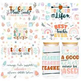 UV DTF Cup Wraps Transfers - 8 Sheets Teacher Theme UV DTF Transfer Sticker for 16 OZ Glass, Flower Floral, Rainbow, Ruler, Pen, Global, Book Design Rub on Transfer, Gifts for Teacher from Student