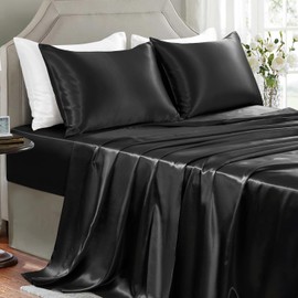 GOLAL Satin Sheets Full Size - 4 Pieces Luxury Silky Soft Bed Sheets, Wrinkle-Free Dark Grey Satin Silk Sheet Set with 1 Deep Pocket Fitted Sheet, 1 Flat Sheet, 2 Pillow Cases