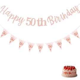 2 Pcs Happy 50th Birthday Banner, Rose Gold 50th Birthday Decorations for Women, Birthdays Banner Attractive and Durable Suitable for Birthdays Party Decorations Supplies