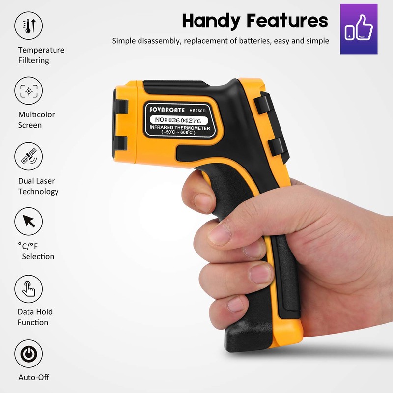 Infrared Thermometer Non-Contact Digital Laser Temperature Gun -58℉～1112℉(-50℃～600℃) Adjustable Emissivity