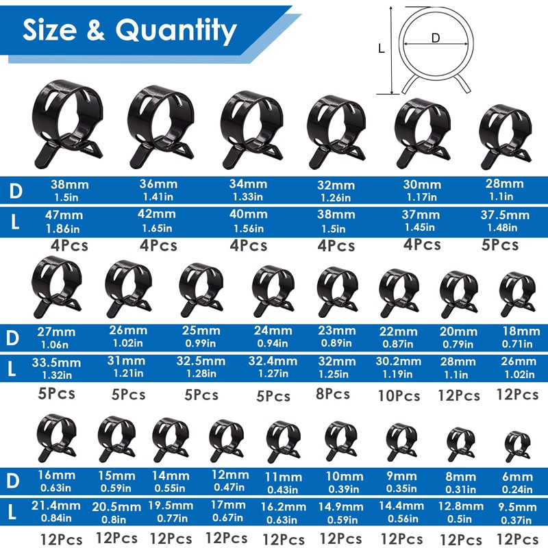 Tnisesm 195Pcs 6-38mm Spring Band Hose Clamps Assortment kits with