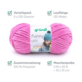 Gründl Funny Plain Soft Chneille Yarn for Knitting and Crocheting 100% Polyester 2 Balls (100 g/120 m, Needle Size: 5-6), Fuchsia