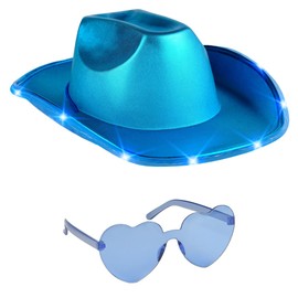 Funcredible Sombrero de vaquero con luz azul y anteojos – Sombrero de vaquero holográfico LED para mujer – Accesorios de disfraz de vaquera – Sombrero de vaquero espacial