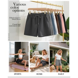 Neer 3 Pack Women's Sweat Shorts, Casual Drawstring Athletic Shorts Summer Lounge Loose Solid Active Short Pants with Pockets(Black, Dark Heather Gray, Light Heather Gray,Large)