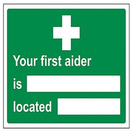 V Safety First Aider/Located Sign - 200mm x 150mm - 1mm Rigid Plastic