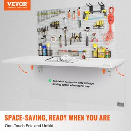 VEVOR Wall Mounted Folding Table, 47.24" x 19.69" Wall Mount Drop Leaf Table, Floating Desk with Iron Bracket, Fold Down Desk for Small Spaces, Home Office, Dining, Laundry Room, Kitchen, Bar, White