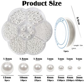 Toaob 1160 Pieces Artificial Pearl with Hole Round Beads Set for Threading Jewellery Beads White 3 mm 4 mm 5 mm 6 mm 8 mm 10 mm 12 mm for Decorating Clothing Necklaces Bracelets